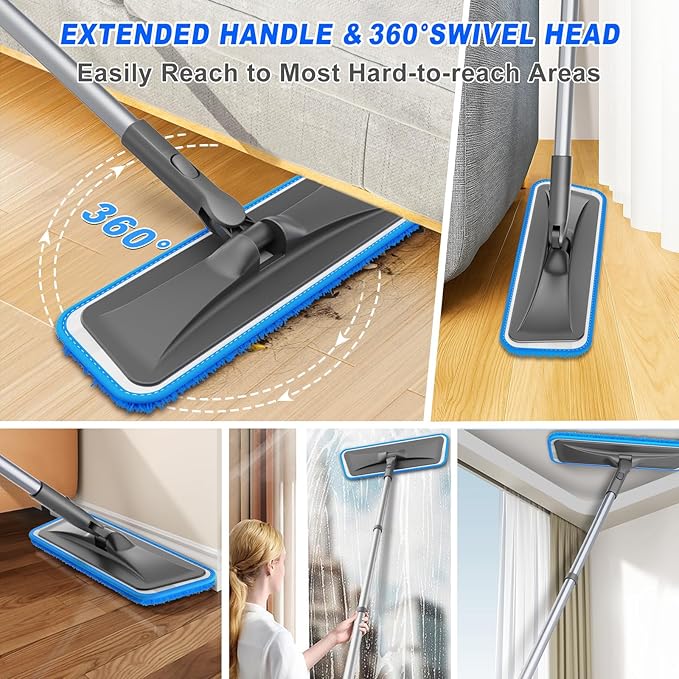 Microfiber Mops for Floor Cleaning - BPAWA Flat Floor Mop with 8 Reusable Washable Mop Pads fit for Swiffer Powermop Dust Mop for Hardwood Laminate Tile Wood Ceramic Vinyl Wall Floors
