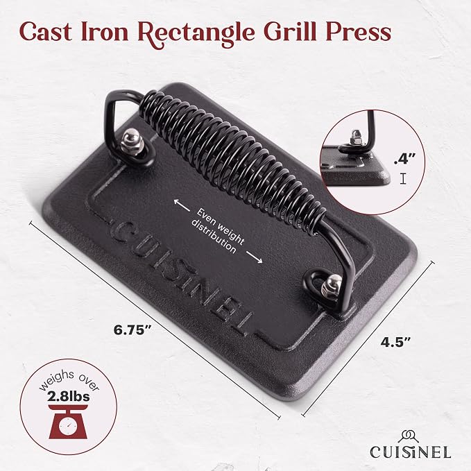 Cuisinel Cast Iron Griddle/Grill + Burger Press + Pan Scrapers - Reversible Pre-Seasoned 16.75" X 9.5"-inch Dual Handle Flat Skillet and Griller Pan + Cleaning Accessories - Indoor/Outdoor Stove Safe