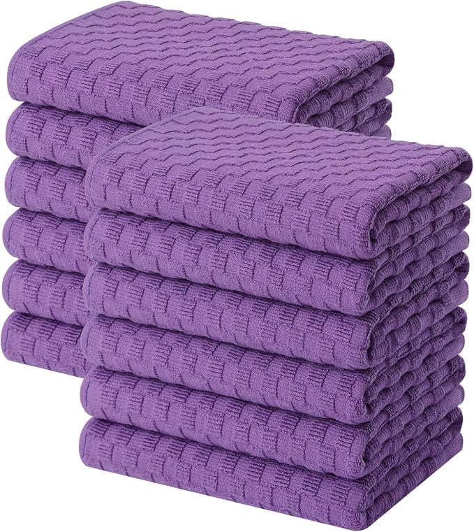 Homaxy 100% Cotton Terry Kitchen Towels(15" x 25", 12 Pack), Soft and Super Absorbent Dish Towels, 380 GSM Reusable Tea Towel with Hanging Loop, Pineapple Grid Designed, Purple