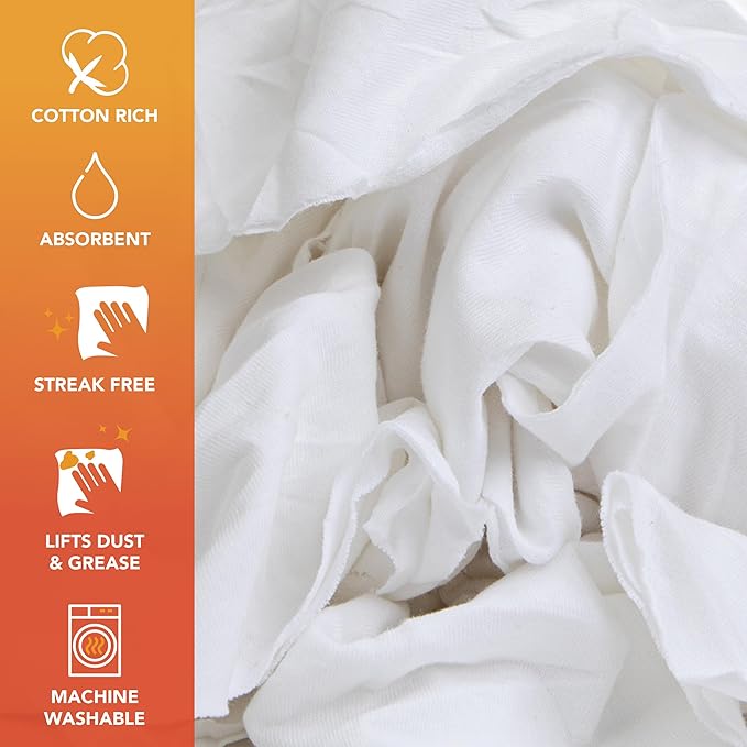 Arkwright Premium T-Shirt Rags Bulk, 5 lb Bag, Cotton Cleaning Towels, Low Lint Knit Wiping Cloths for Paint, Stain, Grease, Shop and Auto Use, Quick Dry Machine Washable, White