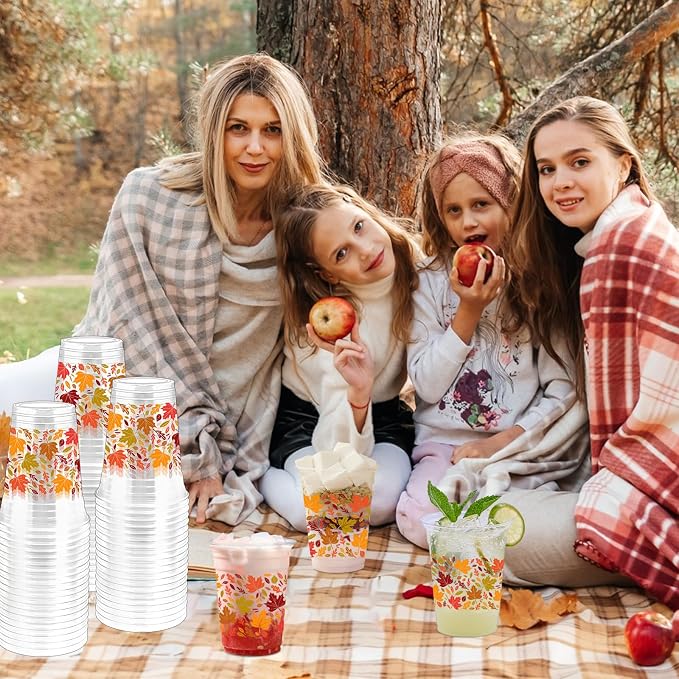 100 Pcs 12 oz Fall Maple Leaf Cups Tanksgiving Disposable Clear Plastic Cups for Fall Party Birthday Supplies