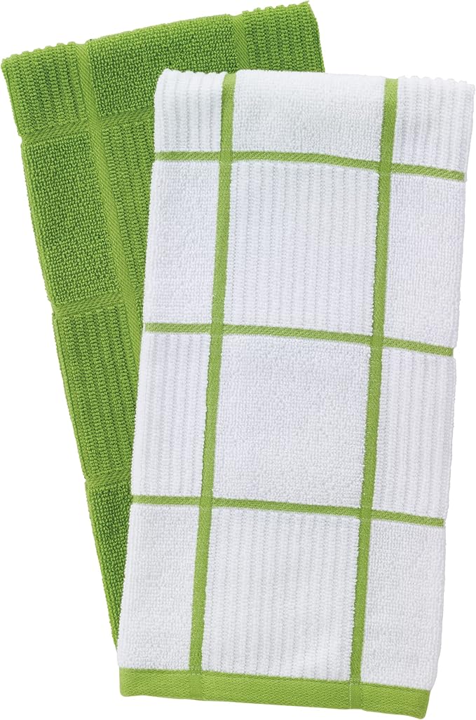 T-Fal Solid & Checked Parquet Kitchen Towels: Highly Absorbent, Super Soft Long Lasting - 100% Cotton, 16"x26" Dish Towels for Cleaning & Drying Dishes, Pans, Glassware, Countertops, 2-Pack, Green