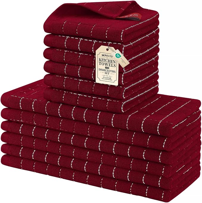 Homaxy Kitchen Towels and Dishcloths Set, 12 x 12 and 13 x 28 Inches, Set of 12 Bulk Cotton Terry Kitchen Towels Set, Checkered Designed, Soft and Super Absorbent Dish Towels, Brick Red