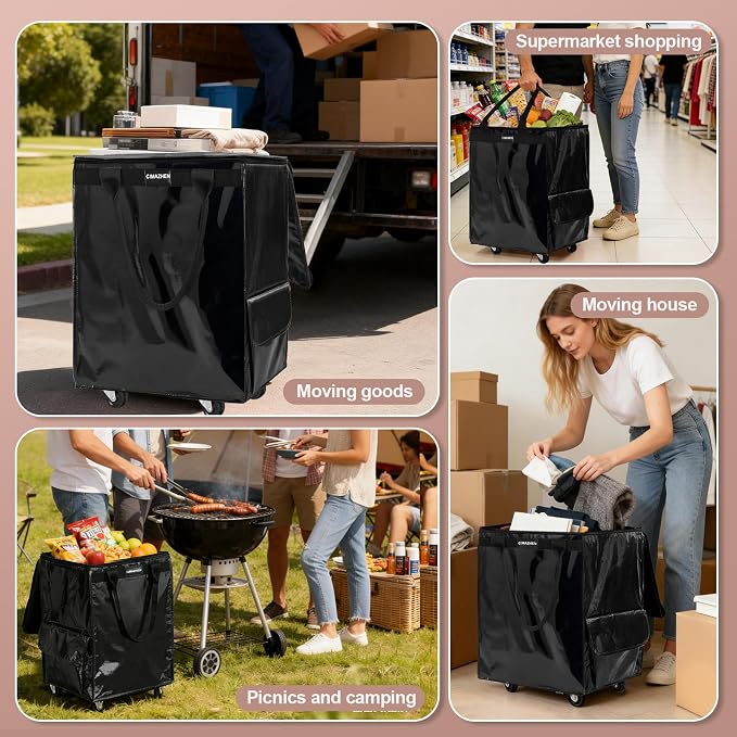 (Medium,Black) Reusable Grocery Bag on 4 Wheels, 70L Foldable Rolling Tote Bag with 3 Handles and Zipper, Rolling Shopping Cart for Groceries, Storage, Laundry, Travel, Organizer, 76lb