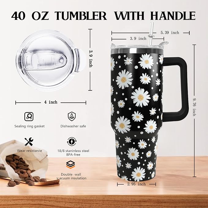 Ceovfoi 40 Oz Daisy Tumbler With Handle,Daisy Coffee Travel Mug Cup Water Bottle,Daisy Decor,Daisy Gifts for Women