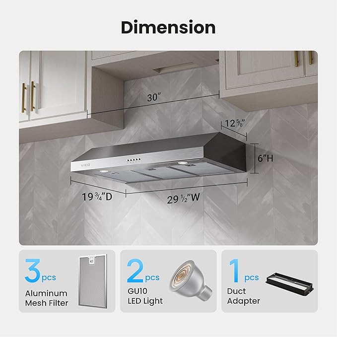 VIKIO HOME Under Cabinet Range Hood 30 Inch, 1200 CFM Dual-Motor Kitchen Vent with LED Lights, Button Control, Ducted Vent Hood, Reusable 5-Layer Aluminum Filters, Stainless Steel