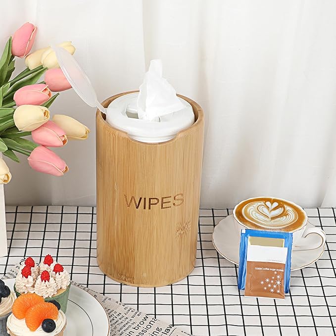 Kokone Bamboo Wipes Dispenser Compatible for Clorox Lysol, Farmhouse Wipes Canister Holder Cleaning Wipe Dispenser Container, Decorative Bamboo Wipes Dispenser Keeper for Kitchen Bathroom Office