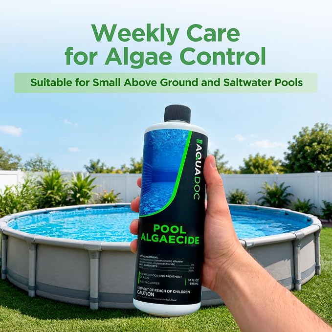 AquaDoc Liquid Algaecide for Swimming Pools - 32 oz - Treats Up to 2,500 Gallons - Non-Foaming, Copper-Free Formula for Pool Algae Control with Built-in Clarifier - Made in USA
