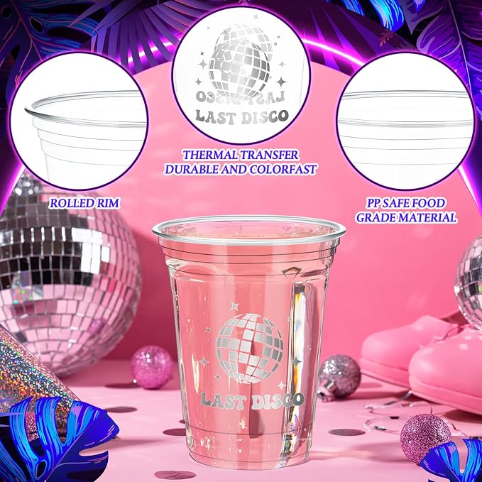 Geyee 48 Pack Disco Disposable Party Cups, 16oz Disco Supplies Ball Disposable Plastic Cup 70s 80s 90s Party Hot and Cold Drinks for Bachelorette Wedding Picnic Summer Favors Supplies