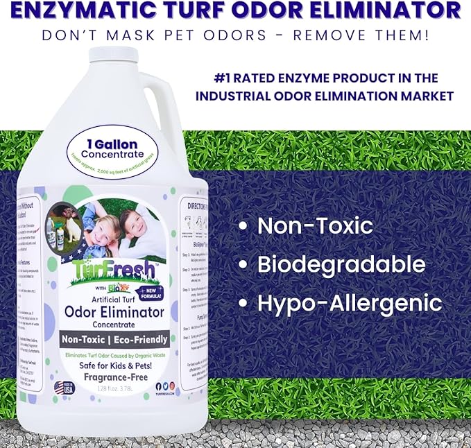 TurFresh BioX Artificial Turf Odor Eliminator – Yard Deodorizer for Artificial Grass & Dog Runs – Natural Concentrate for Pet Urine & Feces – Safe for Kids & Pets – 1 Gallon Fragrance-Free