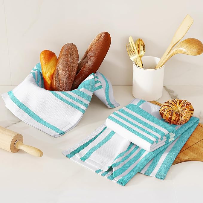Homaxy Premium Kitchen Towels 18”x 28”, Large Cotton 380 GSM Kitchen Hand Towels, Stripe and Terry Dish Towel, Highly Absorbent Tea Towel Set with Hanging Loop, 3 Pack, Teal