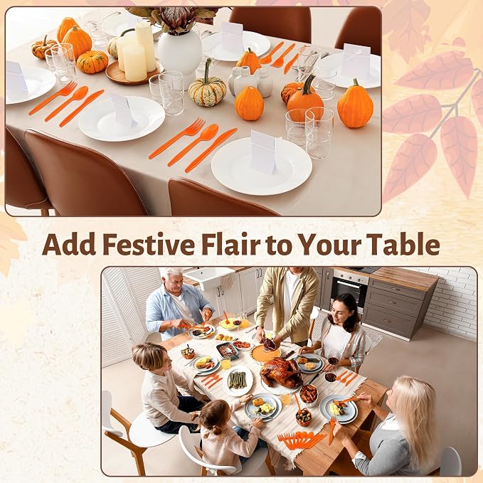 Kochorie 90 Pieces Thanksgiving Plastic Cutlery Set Disposable Orange Plastic Utensils Heavy Duty Flatware Set Includes 30 Knives 30 Forks 30 Spoons for Thanksgiving Party Wedding Birthday