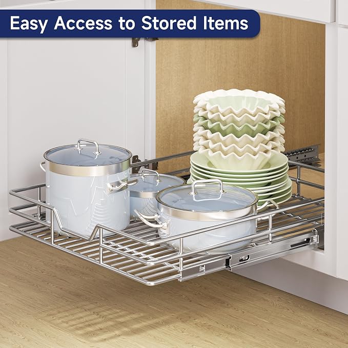 Pull Out Cabinet Organizer, 19.5" W x 21.5" D, Heavy Duty Chrome Slide Out Shelf for Base Cabinets, Sliding Wire Basket Drawer for Pantry Items, Bowls, Containers & Cleaning Supplies