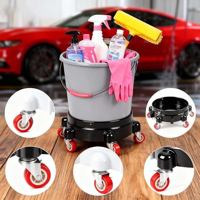 2 Pcs 5 Gallon Bucket Dolly 11 Inch Black White | Connectable 5 Heavy Duty 360° Wheel Rolling Locking Casters Black & White Set for Car Wash Garden & Garage