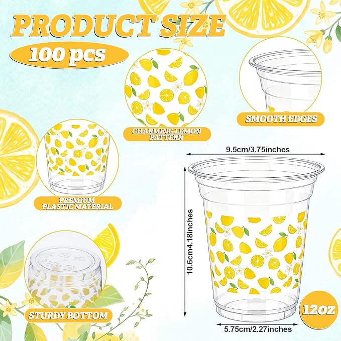 Qinyoung 100 Pcs Plastic Cups 12oz Disposable Cups Bulk Drinking Cup for Cold Drinks Baby Shower Wedding Birthday Valentine's Day Party Supplies (Lemon)