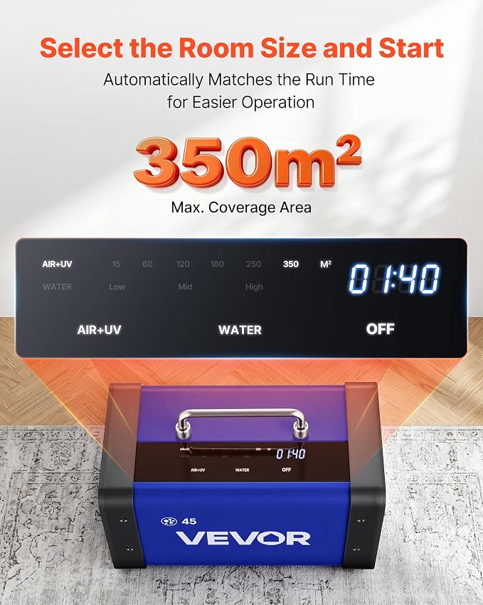 VEVOR Ozone Generator, 45000mg/h Commercial Ozone Machine, with 15s Delayed Start & Dual-Hose Water Mode & LCD Touchscreen, Industrial Deodorizer for Car, Smoke, Home Odors, Up to 3800 sq.ft