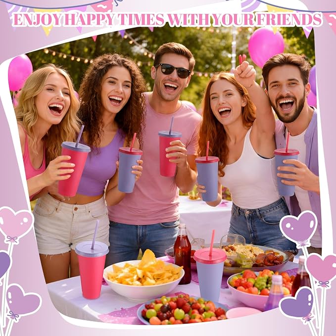 Honeydak 30 Pack Tumbler with Straw and Lid Bulk Cups for Gifts Water Bottle Iced Coffee Travel Mug Cup Reusable Plastic Tumblers for Party Birthdays 24-27 oz (Pink and Purple Color)