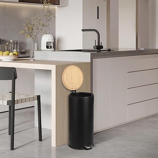 30 Liter/8 Gallon Step Trash Can with Bamboo Lid, Round Slim Stainless Steel Garbage Can with Removal Inner Liner, Soft Close for Kitchen, Office, Living Room, Bathroom, Black