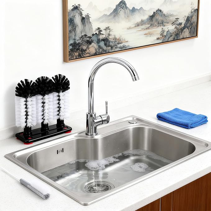 2 Pack Water Bottle Cleaning Brush with Suction Base, 3 Head Bristle Bar Glass Washer for Sink, Glass Cup Washer Brush Cleaner for Beer Cup, Long Leg Cup, Red Wine Glass Bar Kitchen Sink Tools