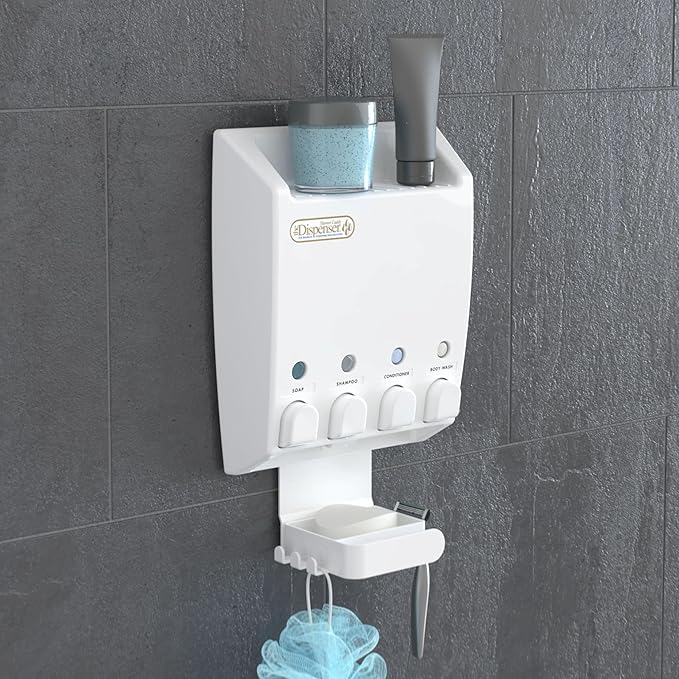 Better Living Ulti-Mate Shower Dispenser Caddy 4, Wall Mount Shower Soap Dispenser for Bathroom, Shelf, Built-in Hooks & Soap Dish, No Drill, Shampoo and Soap Dispenser, 4 x 14.5 oz, White