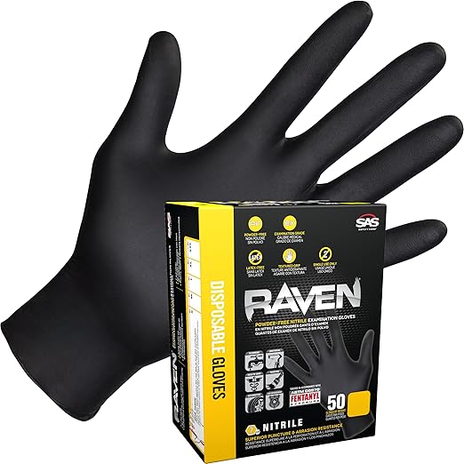 SAS Safety 66518-01 Raven Powder-Free Exam Grade Nitrile - 6 mil 50 Gloves per box