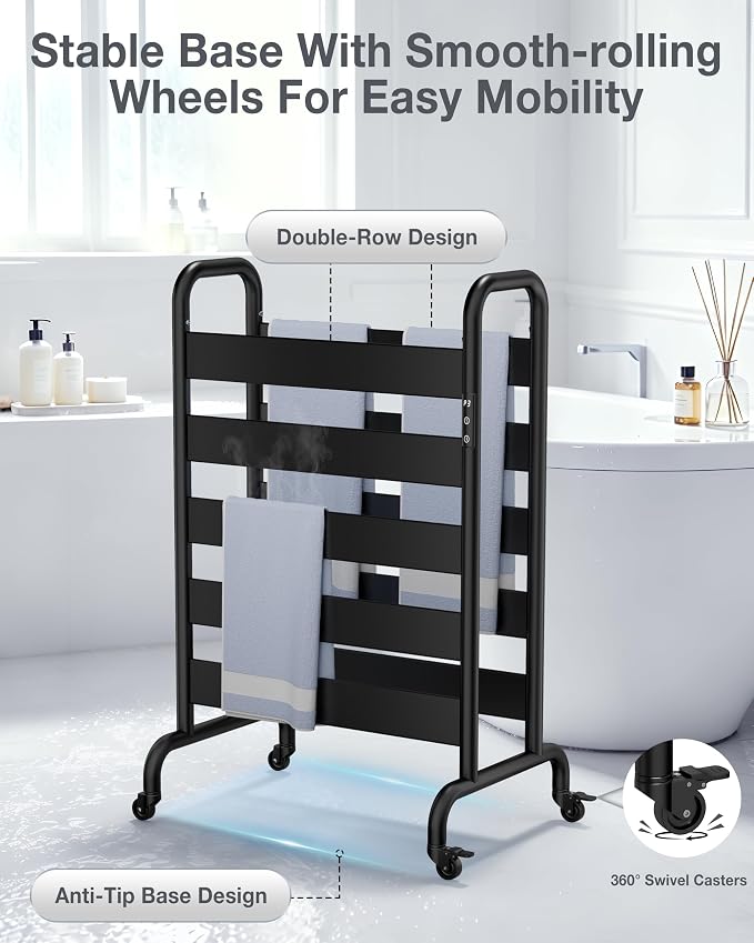 Freestanding Heated Towel Rack 10-Bar, Double Layer Electric Towel Warmer with Wheels, 400W Fast Heating, Adjustable Temperature 110–170°F, Timer & Auto Shut-Off, Space Aluminum, Black