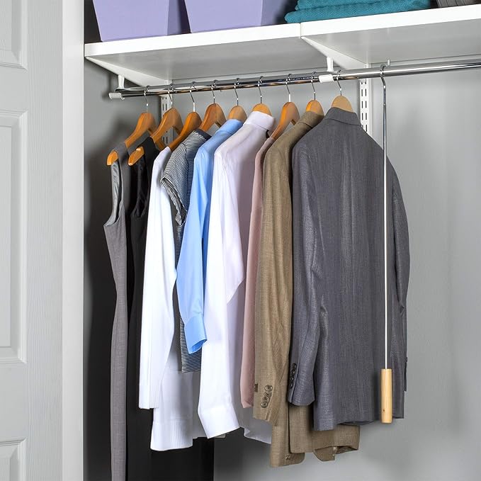Closet Reacher Pole with Hook and Wooden Handle, Heavy Duty - Adjustable 2.75-5 Feet, Chrome Plated Steel Clothing Hanger Shepherds Hook to Easily Reach Clothes etc - Perfect for College Dorm