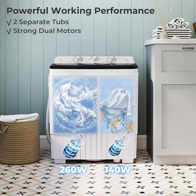 Giantex Portable Washing Machine, 20 LBS Washer & Spinner Combo with Built-in Drain Pump & Time Control, Compact Twin Tub 12 LBS Washing & 8 LBS Spin Drying for Apartment Dorm RV (Black+White)