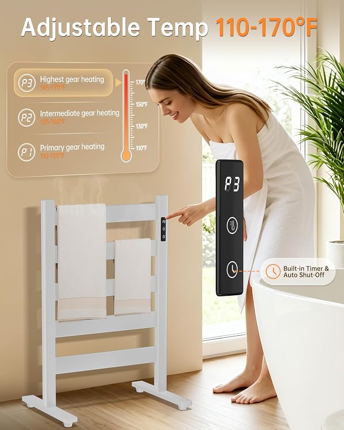 5-Bar Freestanding Towel Warmer, Adjustable Temperature 110–170°F, Timer and Auto Shut-Off, Fast Heating in 10 Minutes, Durable Space Aluminum, Wide Bars, Matte White for Bathroom and Spa