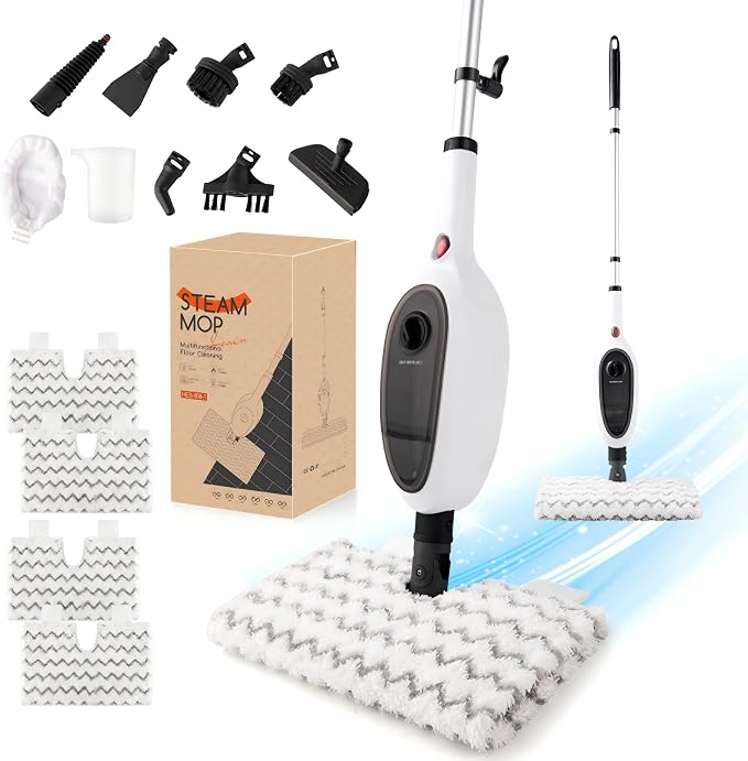 REECOO Steam Mop with Attachments/Pad 2PCS,Unique Double-Sided Flip Design - 260°F/126°C High Temperature Deep Cleaning, Floor Steamer for Kitchen, Living Room Wood Floor Tile Cleaning