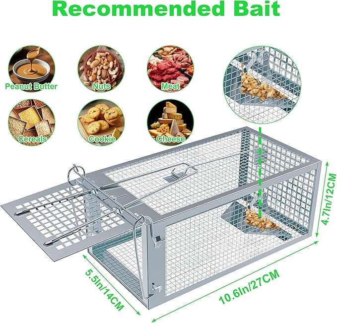Humane Rat Traps 2-Pack, No Kill Small Animal Cage Trap, Live Mouse Trap Cage Catch and Release, Trampa para Ratones, Chipmunk Rodent Trap that Work for Indoor and Outdoor - 10.6" L x 5.5" W x 4.7" H