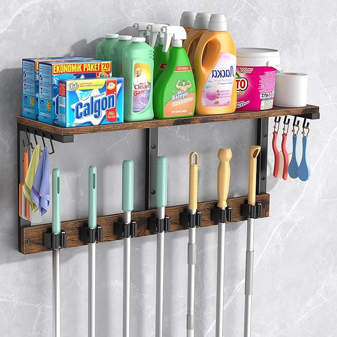 Housolution Broom Holder Wall Mount with Cleaning Supplies Organizer, 100 LBS High Load-Bearing Laundry Room Storage Shelves, Multifunctional Mop Hanger Rack with 7 Grippers & 8 Hooks