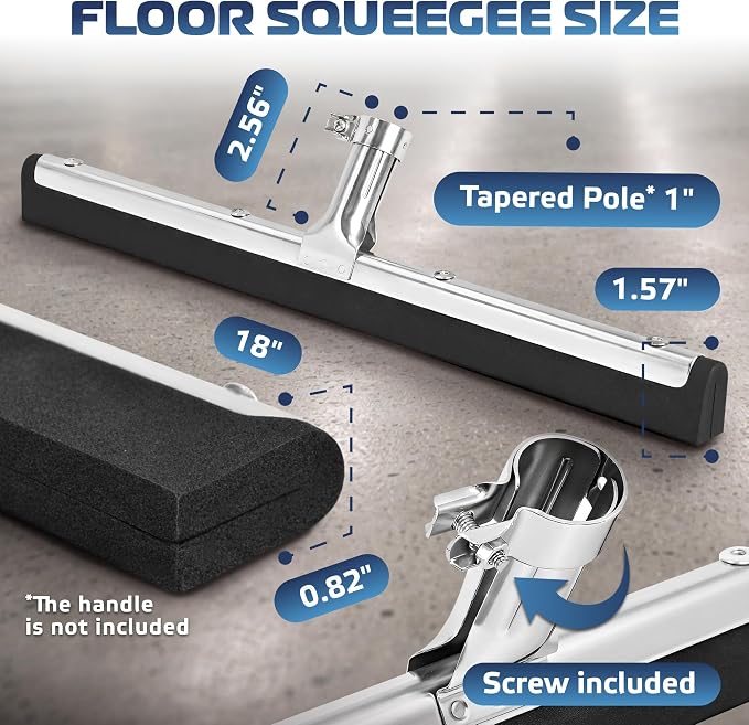 DSV Standard Uneven Surface Floor Squeegee 18’’, Double Foam Blade Garage Squeegee, Taper Pole Connection - Handle Sold Separately for Tiles, Concrete and Asphalt