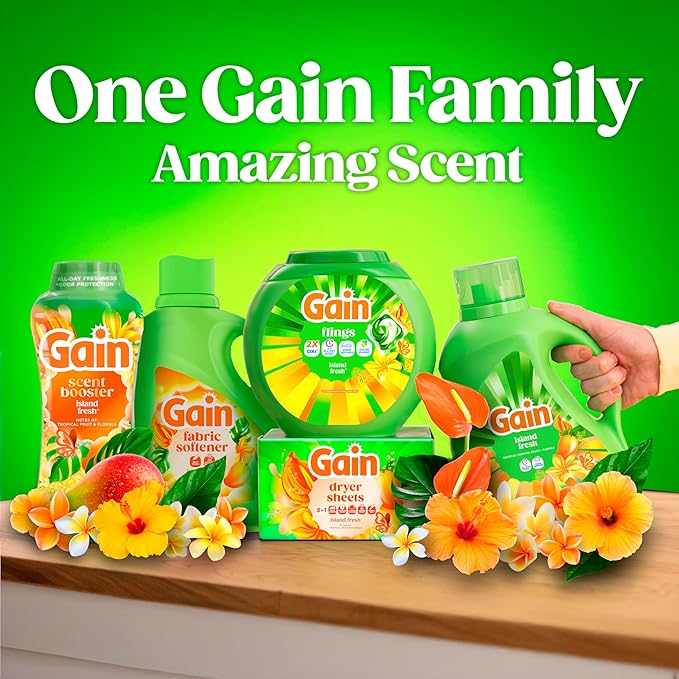 Gain Flings Liquid Washing Detergent Pacs with Odor Defense + Color Guard, Island Fresh Scent, 4-In-1 Liquid Laundry Detergent Pods, Clean & Fresh, 60 Count (Packaging May Vary)