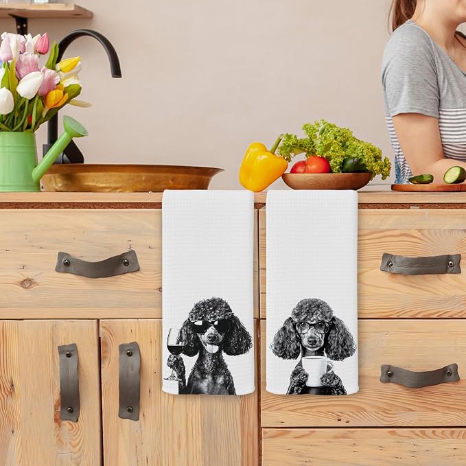 Funny Black Poodle Kitchen Towels Set of 2, Wine and Coffee Lover Gifts, Bar Accessories Dog Dish Tea Towels for Kitchen, Housewarming Gift Cute Animal Decorative Hand Towel 16x24 Inch
