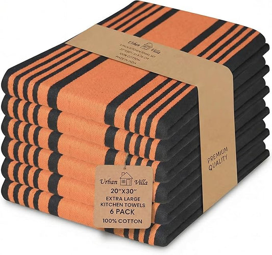 Urban Villa Halloween Kitchen Towels 100% Cotton Set of 6 Dish Towels - 20x30 Inches Highly Absorbent Quick Drying Dish Towels for Kitchen with Hanging Loop Hand & Tea Towels (Orange & Black Striped)