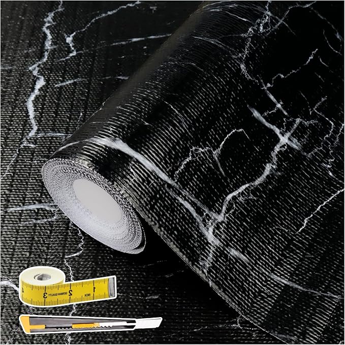 Drawer and Shelf Liner for Kitchen Cabinet: 12 in X 20 Ft Non Slip Waterproof Shelf Paper Non Adhesive Refrigerator Liners Black Marble Easy Liners for Bathroom with Knife Tape Measure