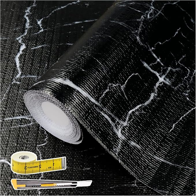 Drawer and Shelf Liner for Kitchen Cabinet: 23 in X 30 Ft Non Slip Waterproof Shelf Paper Non Adhesive Refrigerator Liners Black Marble Easy Liners for Bathroom with Knife Tape Measure