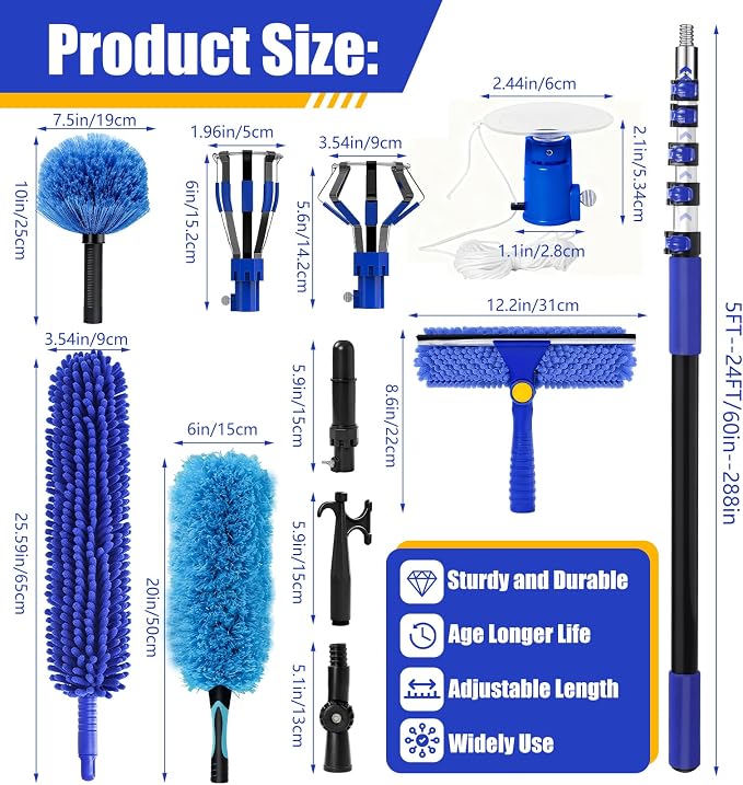 30FT Light Bulb Changer for High Ceilings with 5-24FT Heavy Duty Extension Pole,High Ceiling Fan Duster Extendable Reusable Cobweb,Feather,Window Cleaning Squeegee Kit for Home & House,Interior Roof