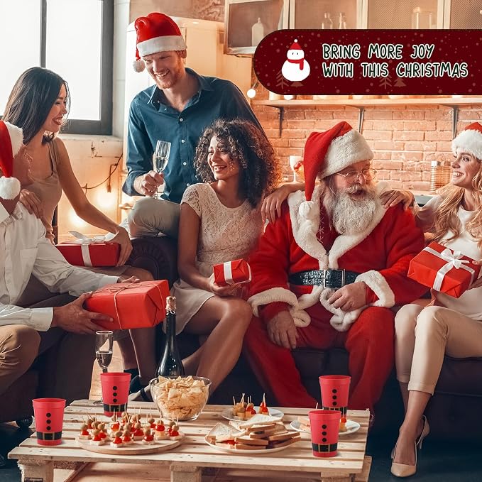 Uiifan 50 Pack Christmas Cups Santa Plastic Cups for Party 12 oz Reusable Stadium Beverage Drinking Tumblers Santa's Belt Plastic Hard for Holiday Festive Party Supplies Decorations(Red)
