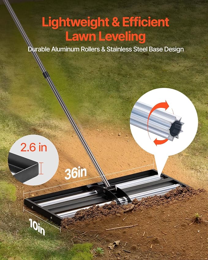 VEVOR Updated Lawn Leveling Rake with Roller, 36" x 10" Stainless Steel Lawn Leveler with 83.9" Adjustable Handle, Heavy Duty Yard Leveling Rake, Effort Saving Lawn Leveling Tool for Yard Golf Court