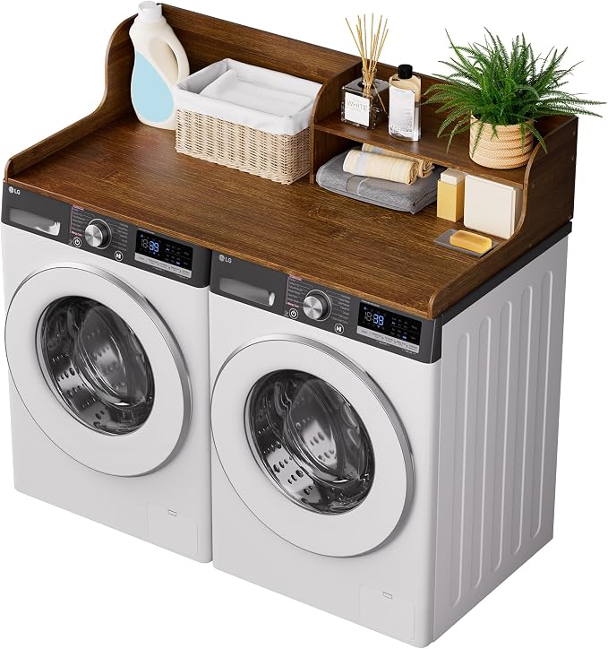 Washer Dryer Countertop with Shelf, 54" x 27.5" 2-Tier Bamboo Laundry Topper, Washer and Dryer Countertop for Laundry Room Organization with Edge Rails, Waterproof, Walnut