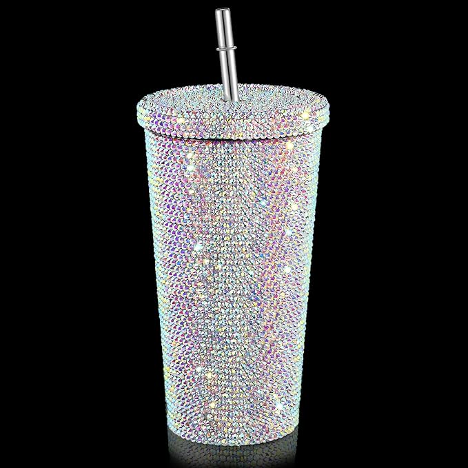 Mimorou Studded Bling Diamond Tumbler Glitter Water Bottle with Lid Stainless Steel Vacuum Thermal Straw Rhinestone Tumbler with 1 Pcs Cup Brush 6 Pcs Straw Brushes for Women(16.9 oz,AB Color)