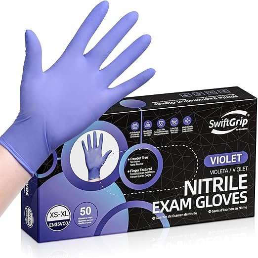 SwiftGrip Disposable Nitrile Exam Gloves, 3mil, Medium, Box of 50, Violet Nitrile Gloves Disposable Latex Free for Medical, Cleaning, Cooking & Esthetician, Food-Safe, Powder-Free, Non-Sterile, Purple