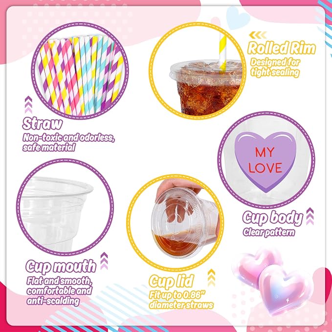 FYSUIMU 100Pcs Valentine's Day Plastic Cups with Lids and Straws 12oz Conversation Heart Disposable Candy Conversation Heart Cold Beverage Drinking Cup for Valentines Wedding Birthday Party Supplies