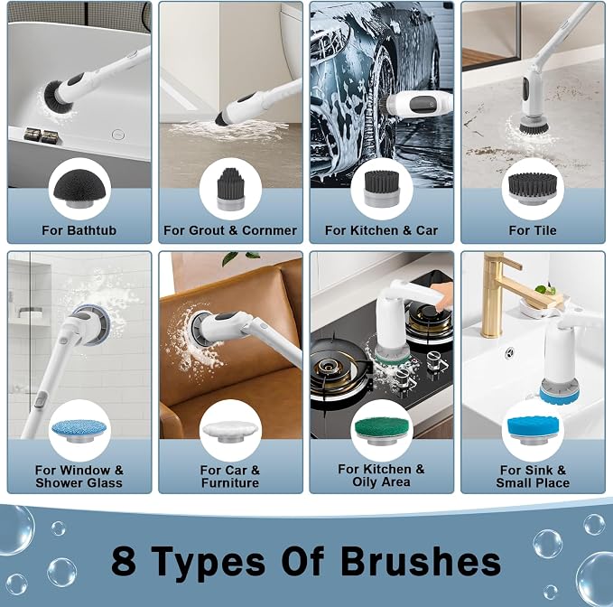 Electric Spin Scrubber, Cordless Power Scrubber with Adjustable Long Handle, 3 Speeds with IPX7 Bathroom Scrubber, 8 Brush Heads, Electric Cleaning Brush for Bathroom/Kitchen/Bathtub/Crack/Floor/Car