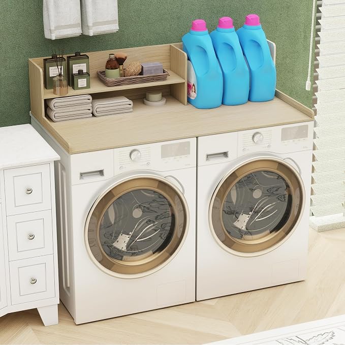 Laundry Topper For Washer And Dryer,Adjustable Washer Dryer Countertop | Natural Laundry Room Countertop 2 Tier,Shelf For Folding & Storage,Fits Standard Washers & Dryers, Laundry Room Organization