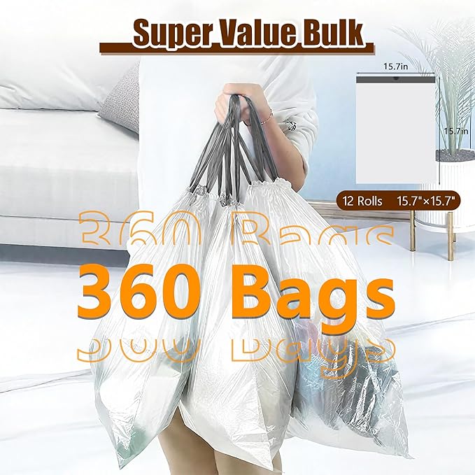 360 Count 1.6 Gallon Mini Drawstring Trash Bags, 1.2 Mil Thick Small Garbage Bags by WOWSOLID, Fit Liners 4.5-8 Liter, 1.2-2 Gal, Trash Can Bin for Bathroom, Kitchen, Bedroom, Office