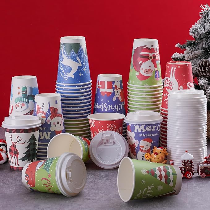 Christmas Cups with Lids 12oz Disposable Coffee Cups Paper Cups with Lids 10 Designs Christmas Party Supplies, Xmas Disposable Party Cups Drinkwear for both Hot and Cold Drinks, 60 Pack