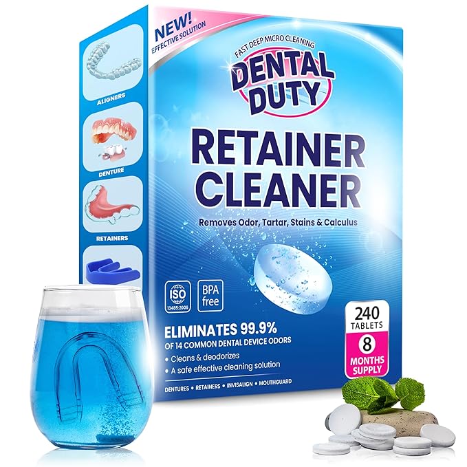 240 Units Retainer and Denture Cleansers Tablets (8 Months Supply) - Cleaner Removes Plaque, Stains from Dentures, Retainers, Night Guards, Mouth Guard, Aligners and Removable Dental Appliances